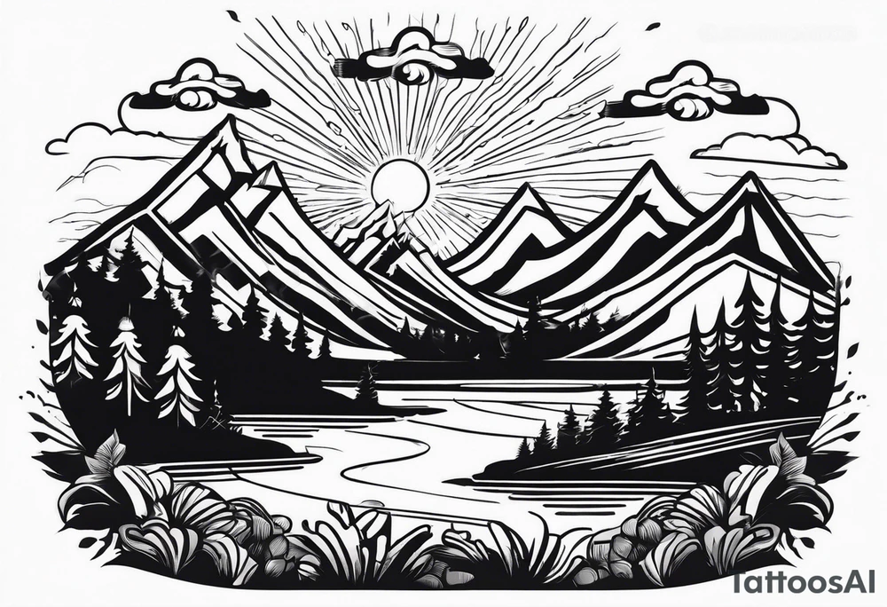 Mountains and in the mountains is a sun with sunbeams that comes out on the mountains from the mountains a river runs down tattoo idea