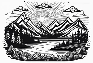 Mountains and in the mountains is a sun with sunbeams that comes out on the mountains from the mountains a river runs down tattoo idea