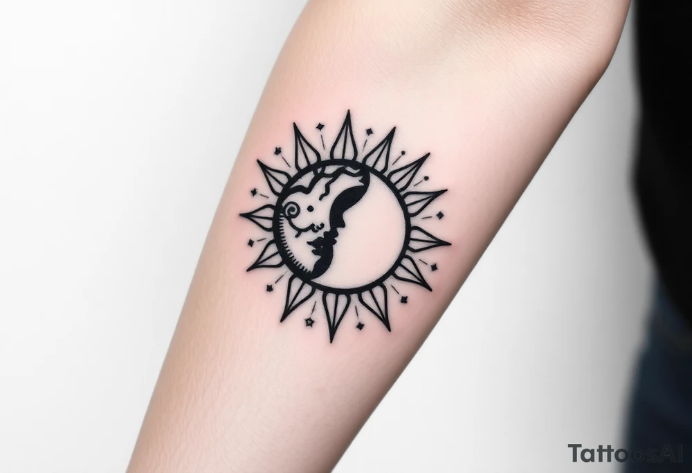 sun and moon embrace with constellation patterns tattoo idea