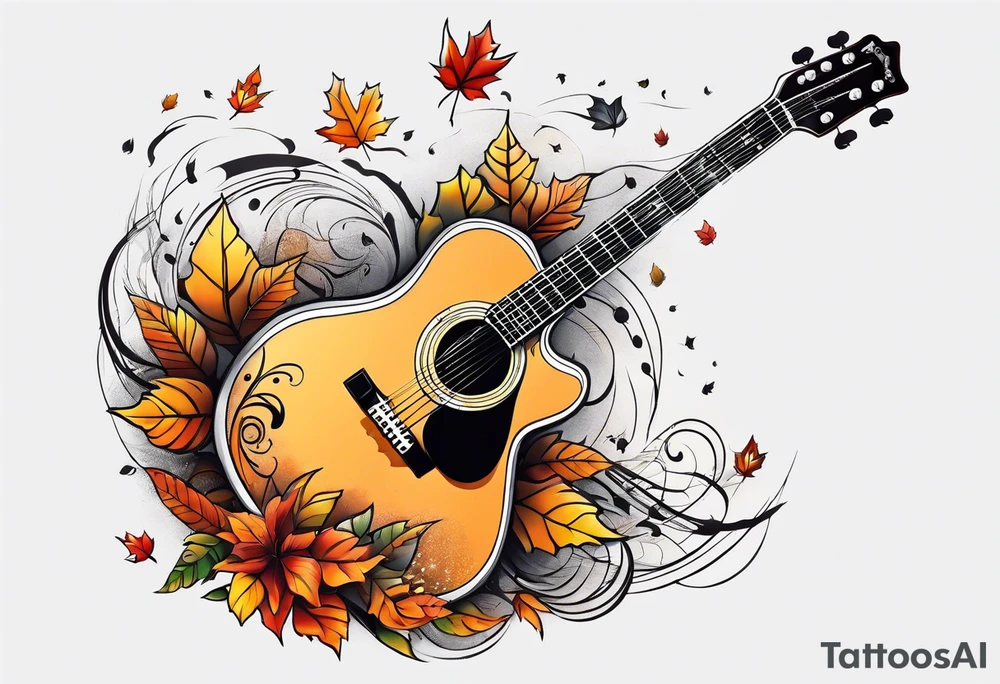 thigh tattoo with fall colors music symbols and a guitar tattoo idea