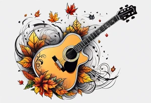 thigh tattoo with fall colors music symbols and a guitar tattoo idea