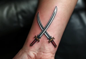 A pair of crossed katana swords with silver blades and black-and-red wrapped handles. tattoo idea