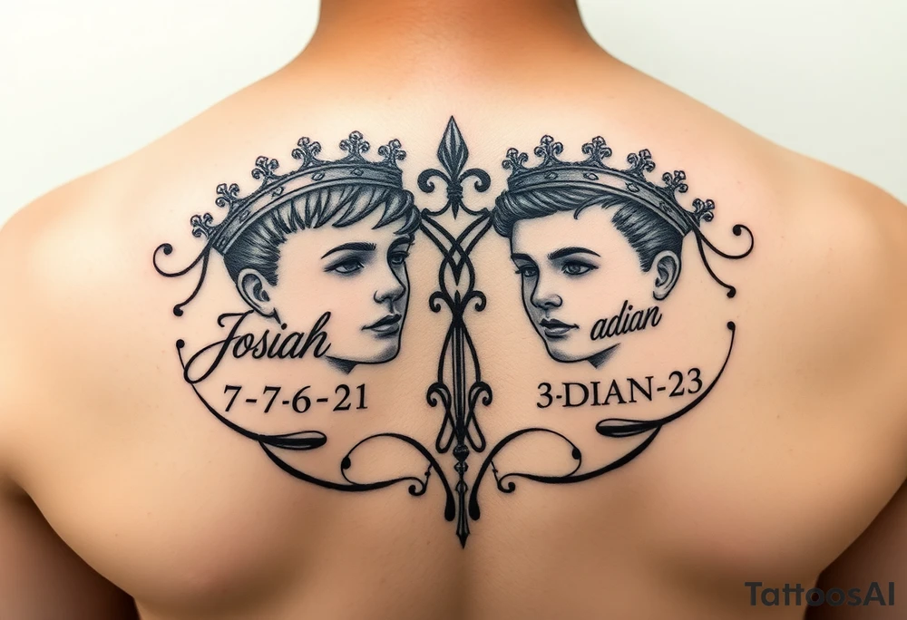 Mother with two sons 1 and half years apart ideas for a women In cursive writing in side crowns the names Josiah   the othe Adian  and thier days numbers in roman numerals josiahs bday is 7-6-21 & Adian is 3-10-23 in roman numerals tattoo idea