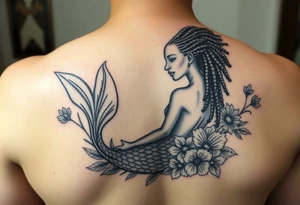 Mermaid, black woman, garden, and flowers, libra, hairstyle of loc tattoo idea