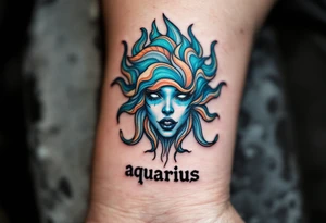 A half-human, half-aquatic being, with waterlike gills and baby blue skintone with word "aquarius" underneath tattoo idea