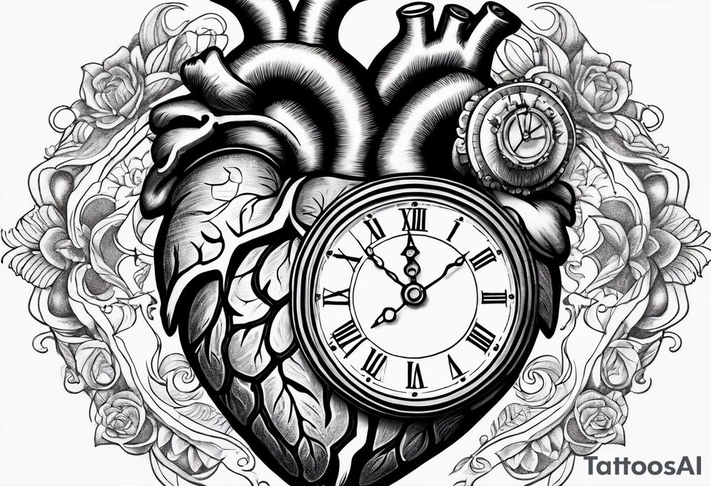 Anatomical heart with clock tattoo idea