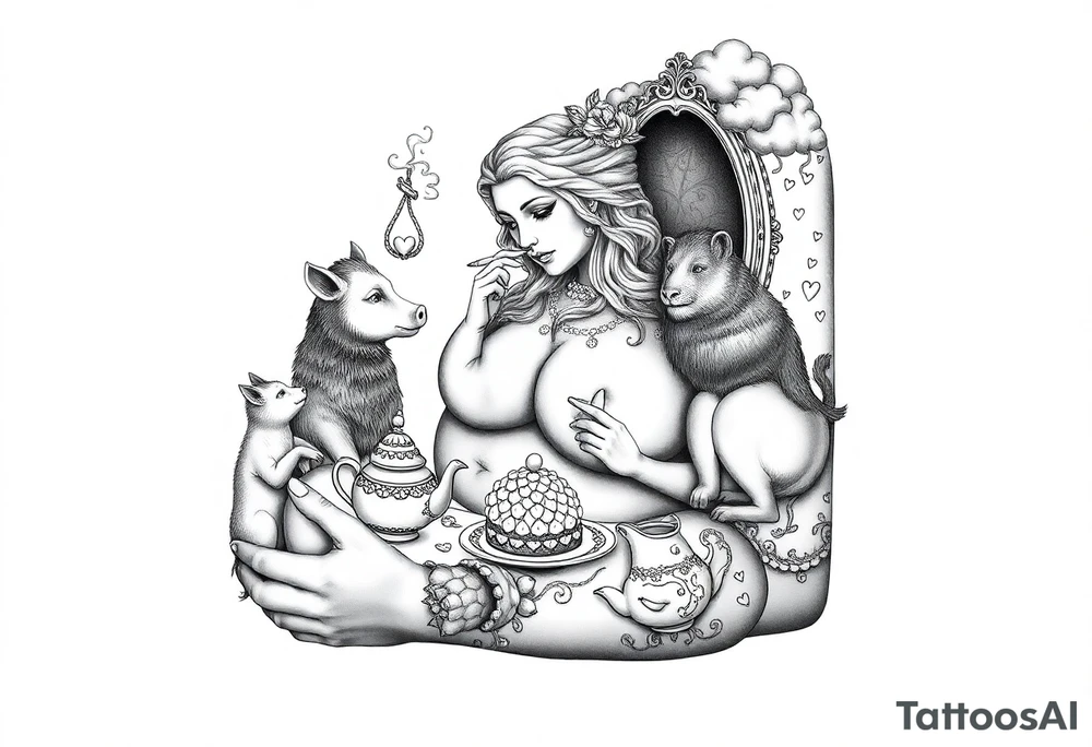 naked fat lady having a tea party with tea pots and 
with a pig, peacock, noose, lion, goat, smoking cigerettes looking in the mirror having sex with a man eating a cake thru storm clouds with knife and broken hearts and darkness tattoo idea