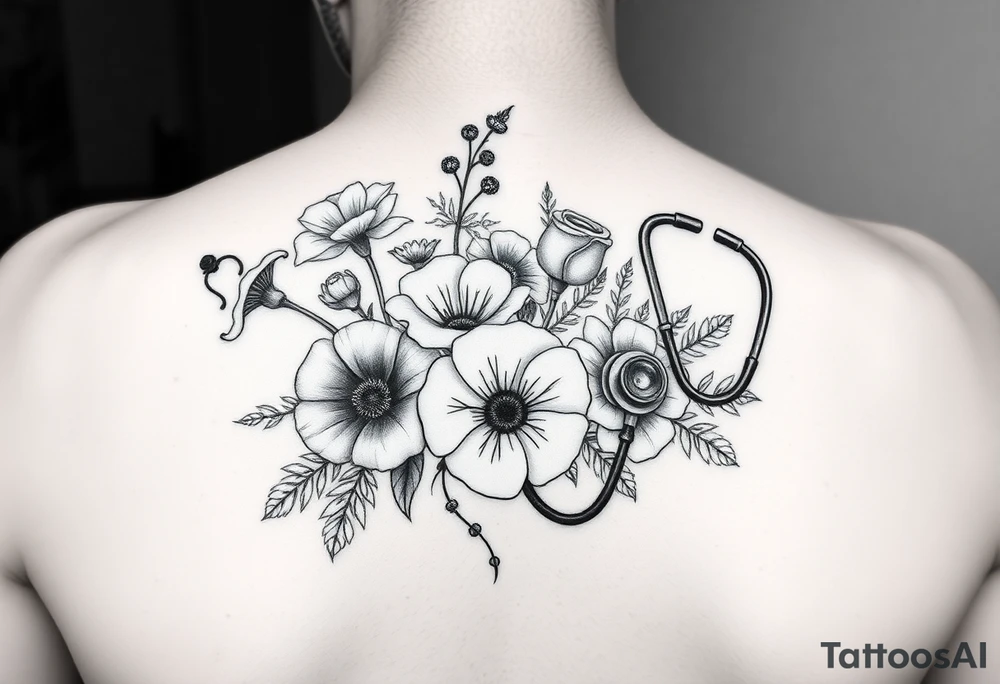 6 inches tall by 4 inches wide approximately, black and white tattoo with a bouquet of hollyhocks, one wild rose, and wild flowers, include a stethoscope along the side with the CNA symbol and the name June Etta , make the stethoscope more noticeable and make the tattoo taller than it is wide tattoo idea