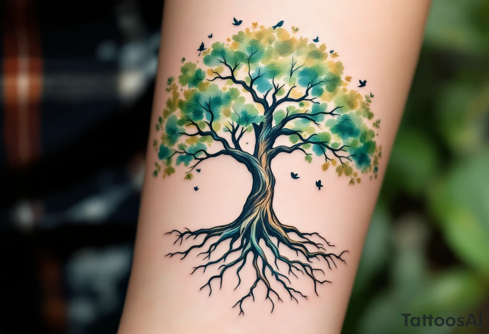 Watercolor Family Tree with Roots and Birds – A wide oak tree with sprawling roots, soft watercolor shades of green, brown, and blue, and small birds flying from the branches, each representing a family member. tattoo idea