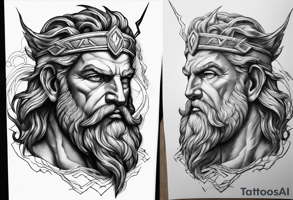 Realistic Zeus with lightning bolt tattoo idea