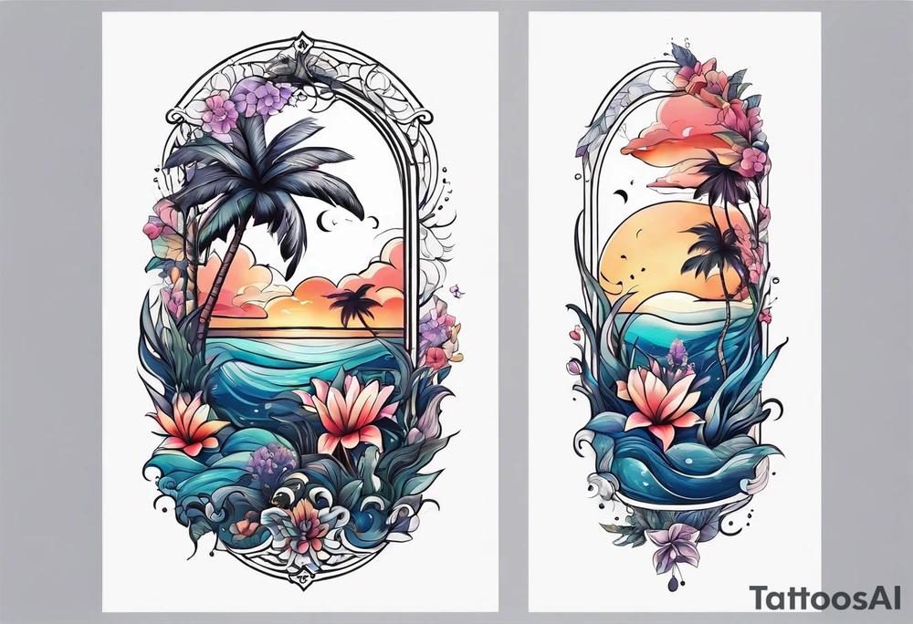 sea,, night, flower, palm, tattoo idea
