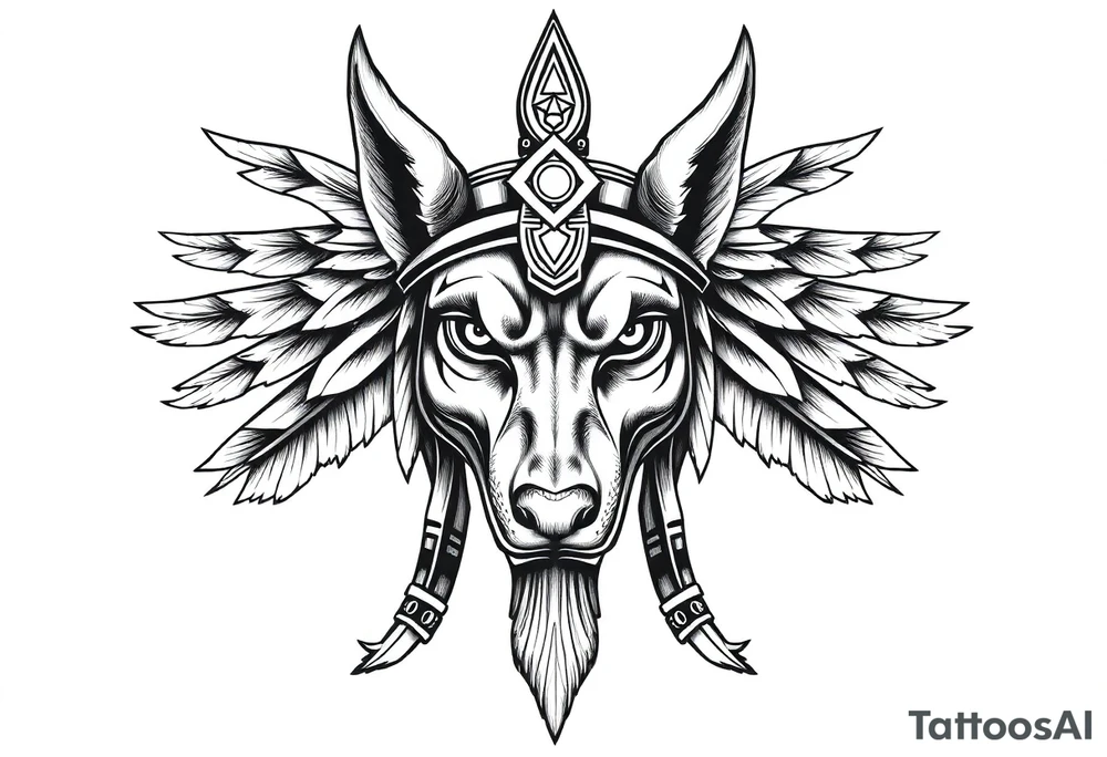 Egyptian Anubis god face muscle in Egypt style  with mantle on head with empty eyes 

dog face surrounded Egyptian symbols based on elements tattoo idea