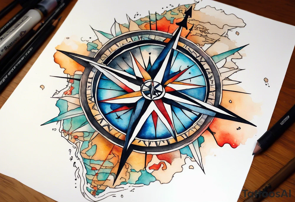 Travel themed for thigh, compass rose overlaid with a map spilled watercolor and tiny C130 tattoo idea
