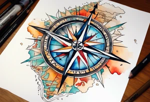 Travel themed for thigh, compass rose overlaid with a map spilled watercolor and tiny C130 tattoo idea