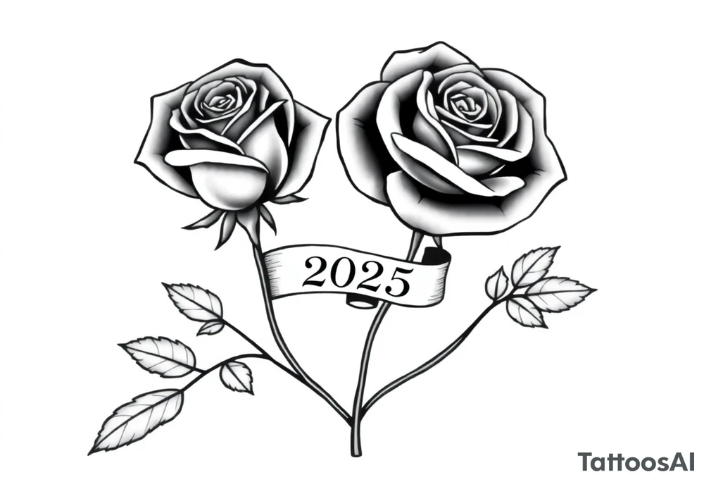 two beautiful large rose buds, one larger than the other, with many leaves next to the rose buds, with one sitting higher than the other. Include a banner connecting the two roses with the year 2025 on it.   Use dark outlines with little shading. The two stems should be short, not long, and connect and join into one stem, whimsically curved or twisted - not straight down. tattoo idea