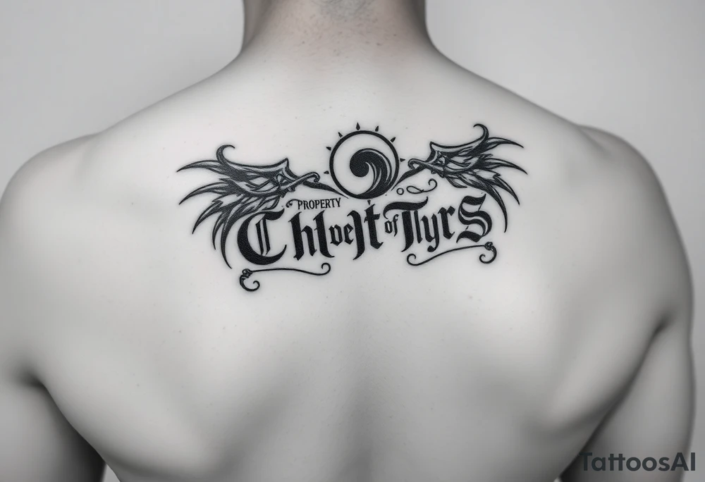 A simple tramp stamp that says Property of Chrys Hecate tattoo idea