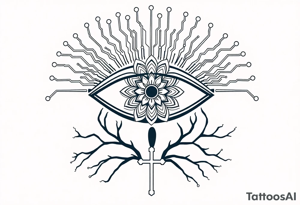 Central Element: A large, stylized eye is the focal point.

The iris of the eye is filled with a mandala pattern, symbolizing depth, balance, and inner awareness.

The lines are fine and clean, forming symmetrical layers and floral-like geometry within the mandala.

Upper Design: From the top of the eye extend circuit-like branches, mimicking electronic pathways.

These lines rise vertically and diagonally in symmetrical fashion, ending in rounded circuit nodes, representing intelligence, logic, and the digital mind.

Lower Design: From the bottom of the eye extend natural tree roots.

These branches flow organically and curve outward, grounding the symbol with themes of nature, growth, and spiritual connection.

Text Element: Below the tree roots is the word "σοφία" in Ancient Greek, meaning wisdom.

The font is clean and classical, giving it a timeless, philosophical presence.

Religious Symbol: Directly below the Greek word is a simple, black cross.

The cross is thin, minimal, and vertically aligned with the center of the eye, representing faith, spirituality, or divine guidance.

Placement: back tattoo idea