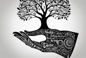 Circle of text on the hand of: don't waste tour time looking back youre not going that way. With a tree of life tattoo idea