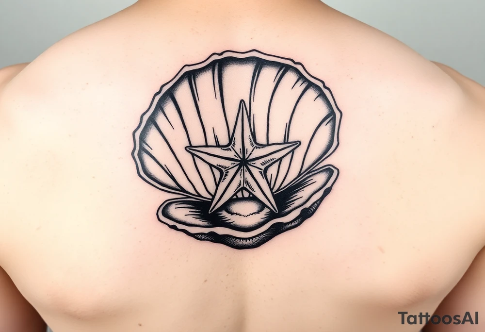 Open clamshell with starfish rendered in the art styles used during World War Two tattoo idea