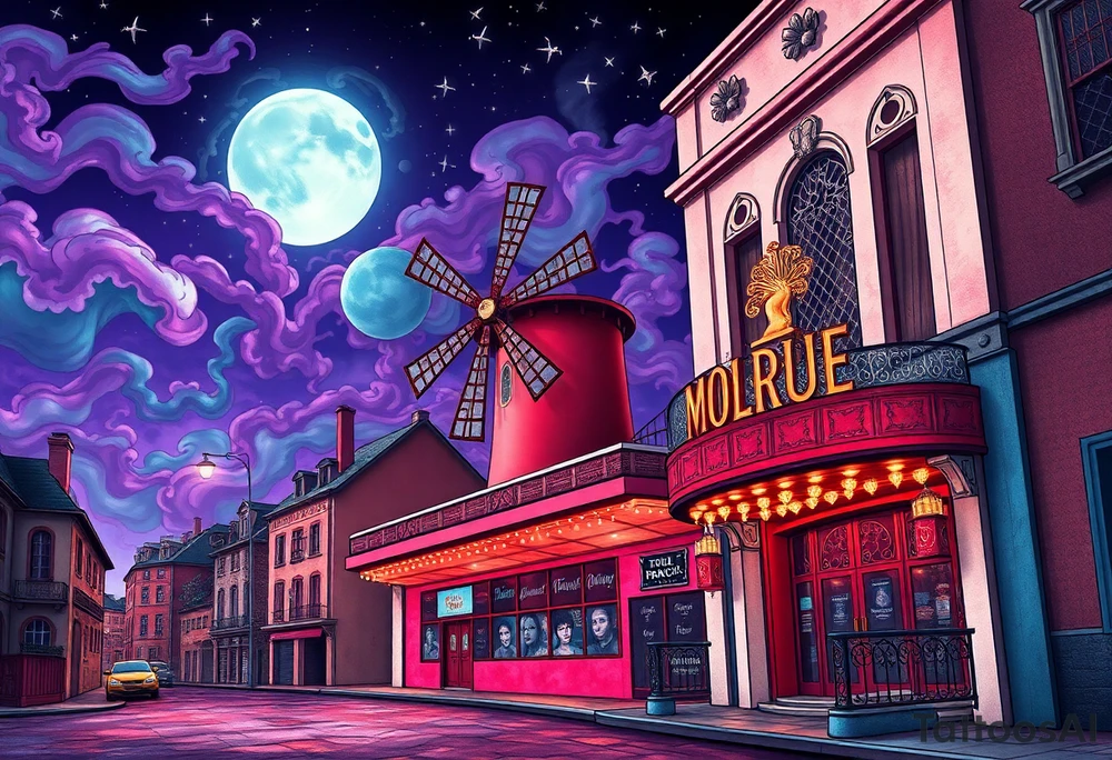 Tim Burton’s moulin Rouge from outside view is the street abandoned and dripping with muted reds, dusty pinks, and eerie green glow purple and cyan smokey clouds swirl and dance in the moonlit night sky filled with twinkling stars  tattoo idea tattoo idea