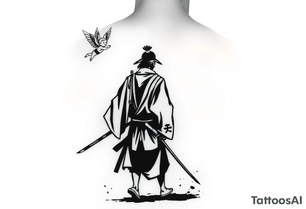 "Blackwork tattoo sketch of a lone samurai walking forward, shown in dramatic silhouette style. The samurai wears traditional kimono and hakama, holding a katana in one hand with the blade pointing downward. Behind him floats a small child angel with detailed feathered wings, gently touching the samurai’s back with one hand, as if stopping or guiding him. Strong contrast, dynamic ink splatter, rough brush strokes, Japanese sumi-e vibe, emotional and symbolic composition, high detail linework, no background." tattoo idea