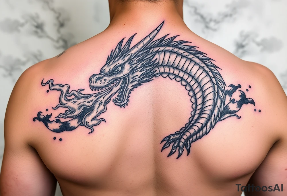 fierce dragon breathing iridescent fire against stormy skies tattoo idea