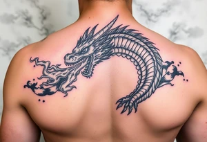 fierce dragon breathing iridescent fire against stormy skies tattoo idea
