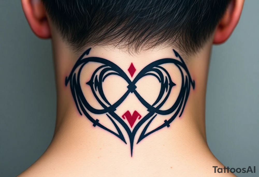 A bold tribal-style infinity-heart with sharp geometric patterns, in black ink with subtle red accents, blending strength and passion tattoo idea