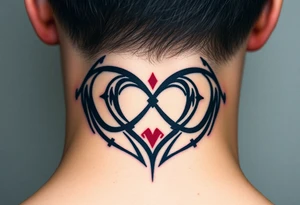A bold tribal-style infinity-heart with sharp geometric patterns, in black ink with subtle red accents, blending strength and passion tattoo idea