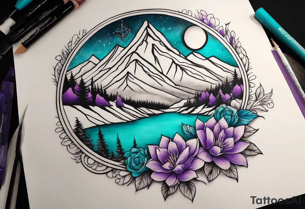 half sleeve tattoo on my shoulder. It features a mountain range, with a compass rose rising up from behind the mountain like a sunrise. In front of the mountains, there are purple and teal flowers. tattoo idea
