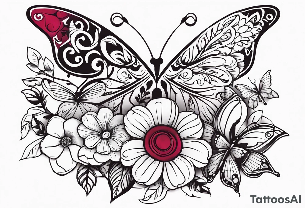 Flowers with Ruby and butterflies around it tattoo idea