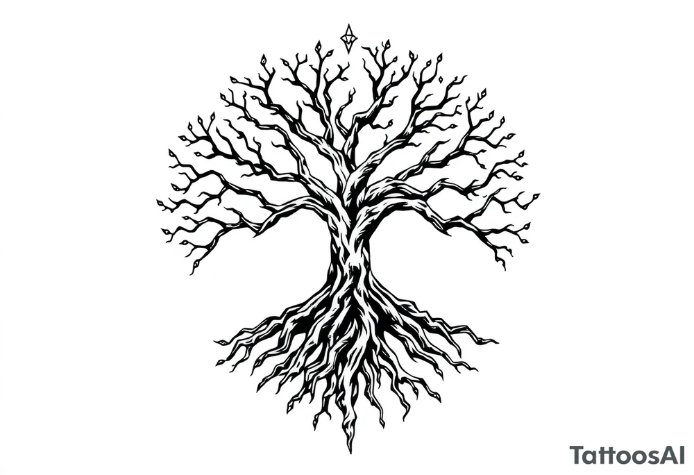 mystical tree of life with cosmic roots and celestial branches tattoo idea