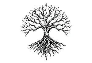 mystical tree of life with cosmic roots and celestial branches tattoo idea