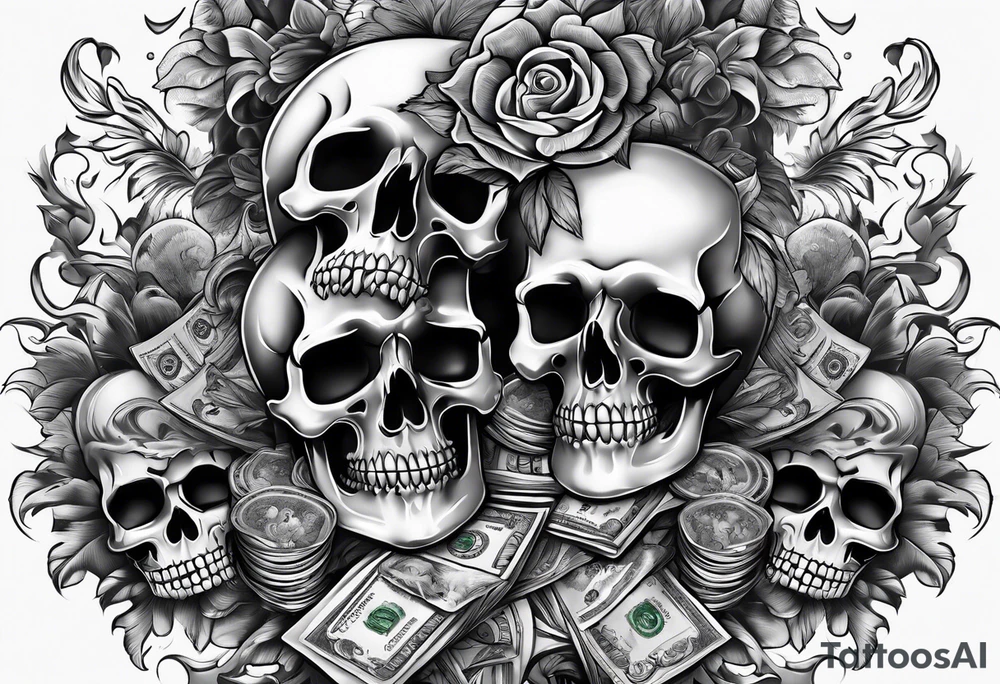 money stacks rising smoke Savage skulls tattoo idea