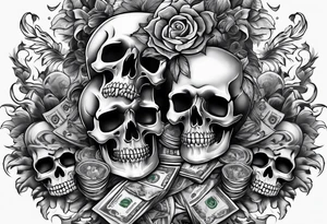 money stacks rising smoke Savage skulls tattoo idea