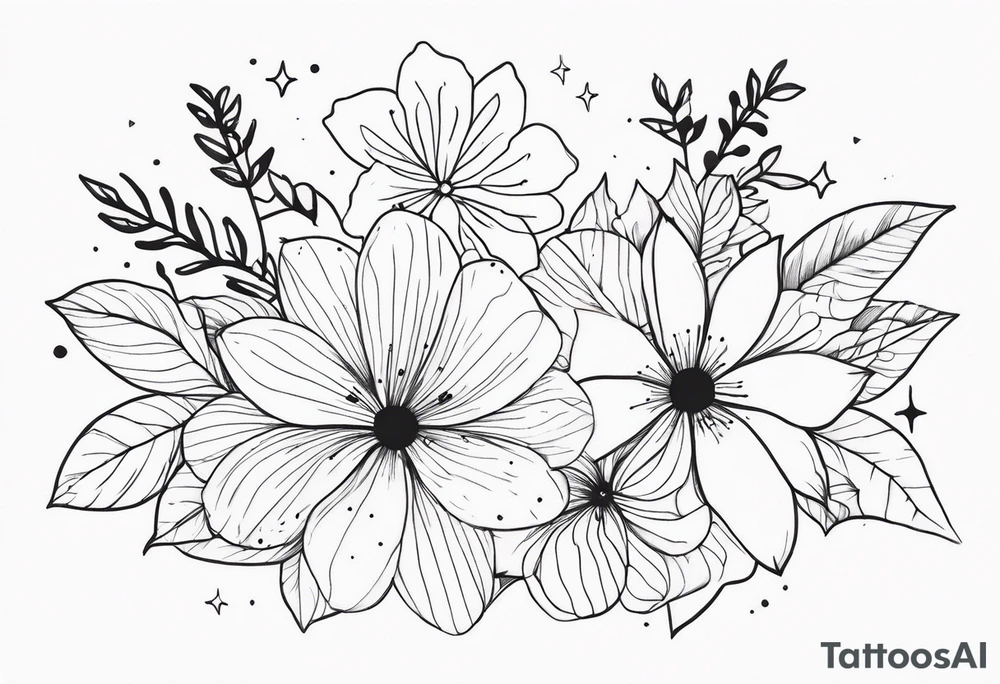 fine line with stars, floral, dots tattoo idea