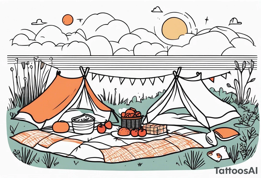 picnic scene in nature with a sheckers blanket, basket, pillows and party pennants. Thin lines. tattoo idea