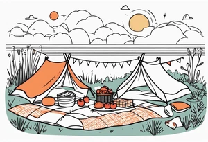 picnic scene in nature with a sheckers blanket, basket, pillows and party pennants. Thin lines. tattoo idea