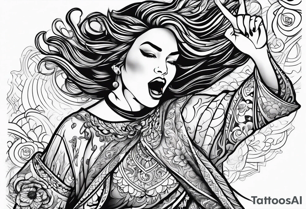 Silly. odd woman ugly dancing pointing her fingers up in the sky. non-realistic. tattoo idea