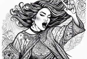 Silly. odd woman ugly dancing pointing her fingers up in the sky. non-realistic. tattoo idea