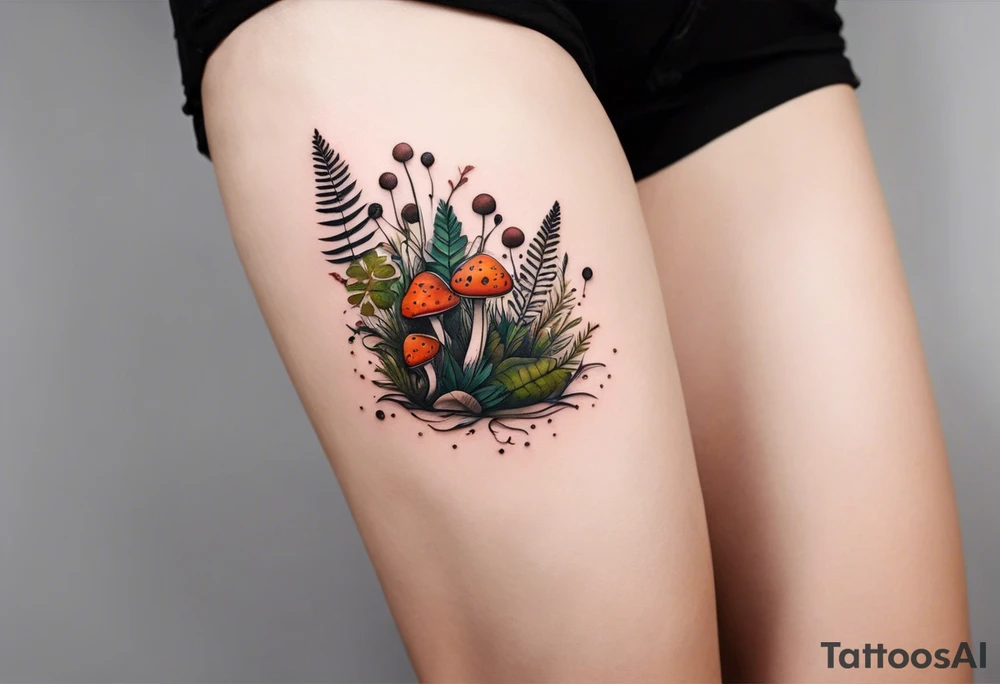 minimalistic forest floor inspired tattoo, which includes grass, moss, curly ferns and dead leaves as the bulk of the tattoo. details to include: forest berries, couple of very small brown mushrooms, a tiny bumblebee flying nearby tattoo idea