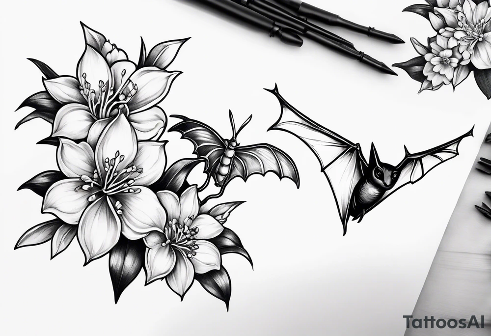Shoulder and collarbone tattoo of a vibe of night-blooming Jasmine with a bat hanging from one of the stems tattoo idea