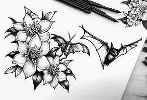 Shoulder and collarbone tattoo of a vibe of night-blooming Jasmine with a bat hanging from one of the stems tattoo idea