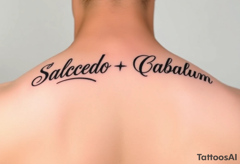 Script tattoo, LA Chicano style, style like alecki ramos the tattoo artist, I need it to say both my last names - Salcedo - Cabalum. One on top of the other. I need it to spread across the top half of my back, touching the top of shoulder blades. tattoo idea