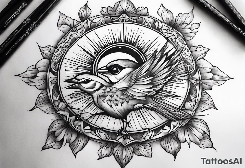 mens neck sleeve sparrow, om symbol, cosmos, iris, daisy, sun rays clouds tattoo idea