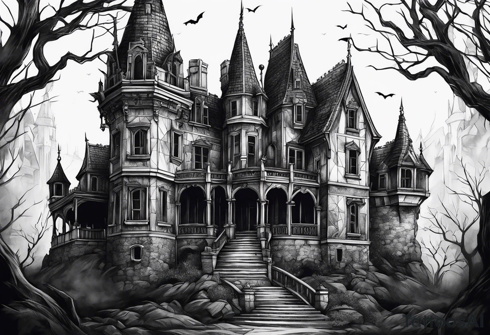 Scary rotting haunted castle portrait tattoo idea