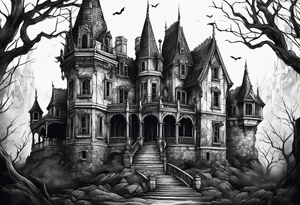 Scary rotting haunted castle portrait tattoo idea