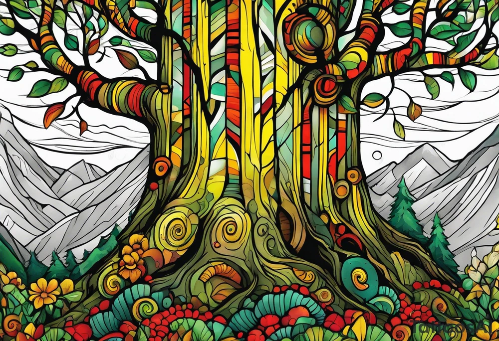 birch tree and includes the following wording "fuck cancer"
with yellow, green and red colours tattoo idea