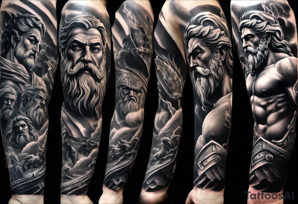 Full left arm tattoo sleeve with the Greek gods, Zeus, Poseidon and Hades. Zeus face is at the left shoulder, Poseidon face is at the left upper arm and Hades face is at the left forearm. tattoo idea