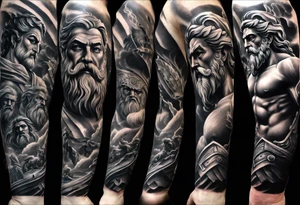 Full left arm tattoo sleeve with the Greek gods, Zeus, Poseidon and Hades. Zeus face is at the left shoulder, Poseidon face is at the left upper arm and Hades face is at the left forearm. tattoo idea